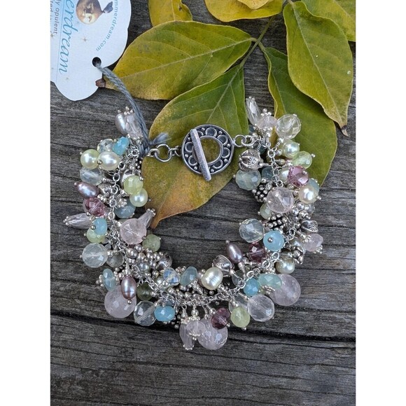 Vintage Sterling Silver Gemstone & Pearl Bracelet, Romantic Gift, Beachy Jewelry - Picture 1 of 10